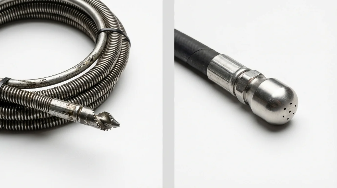 Drain snake cable and hydro jetting nozzle used for drain cleaning in West Salem, WI