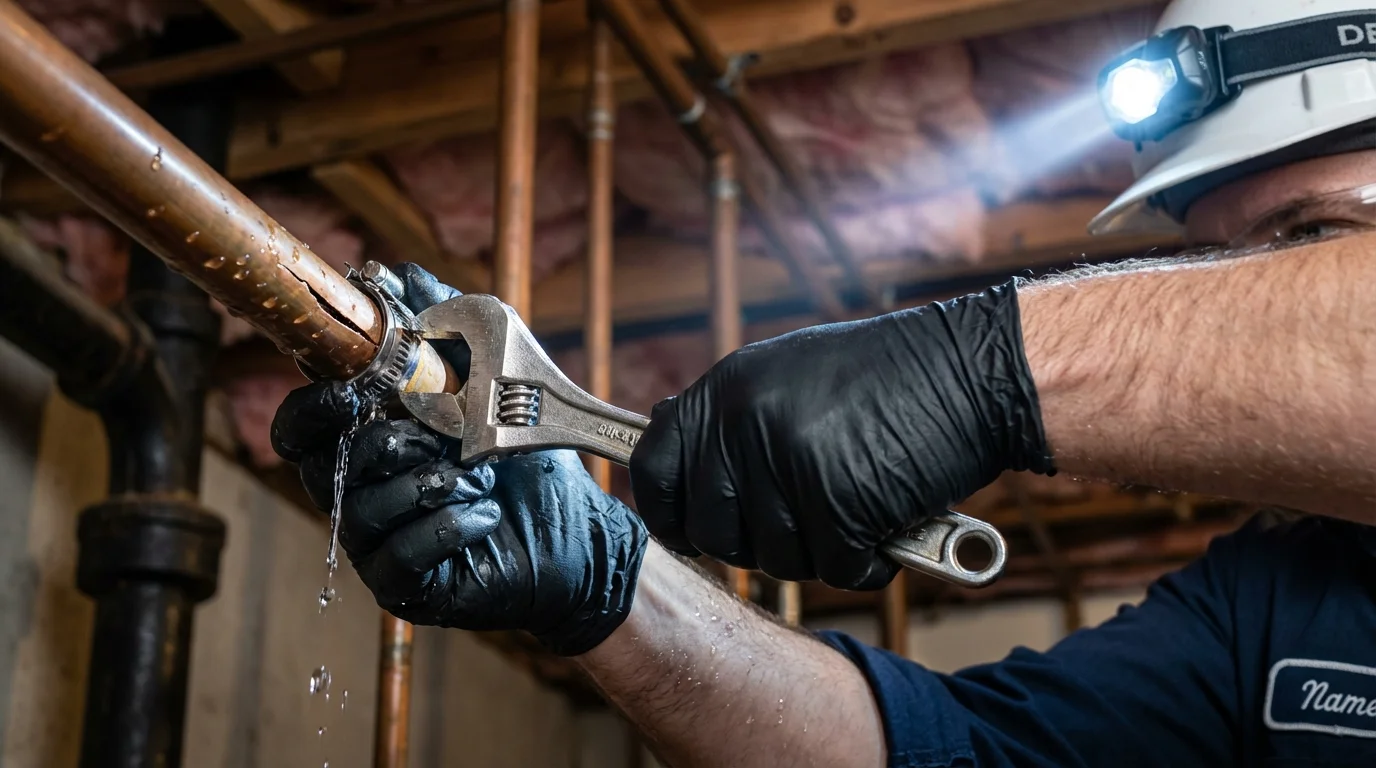 Emergency pipe clamp repair being performed by a Johns Plumbing LLC plumber in West Salem