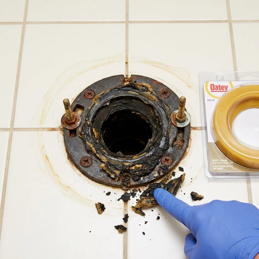 Failed wax ring showing water seepage at the base of a toilet in a West Salem, WI home