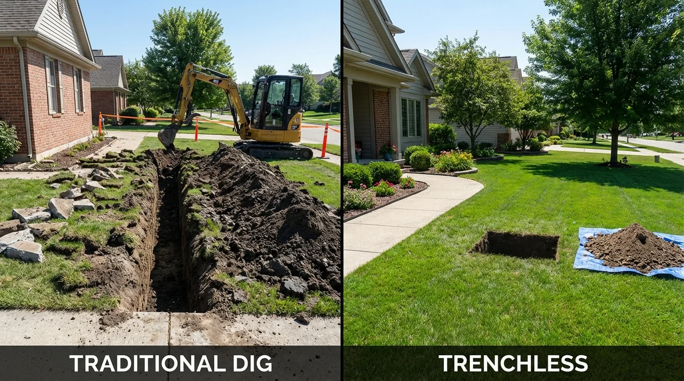 Trenchless sewer repair with minimal yard damage versus traditional excavation in West Salem, WI